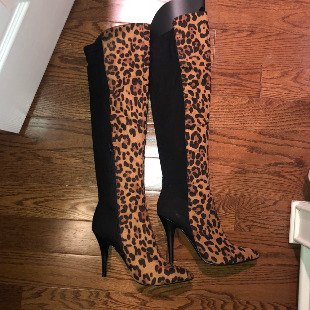 Over the knee cheetah heel boots